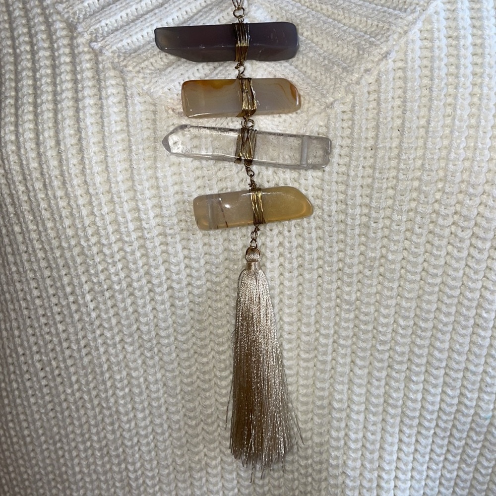 Faux Amethyst and Crystal Fringed Tassel  Necklace